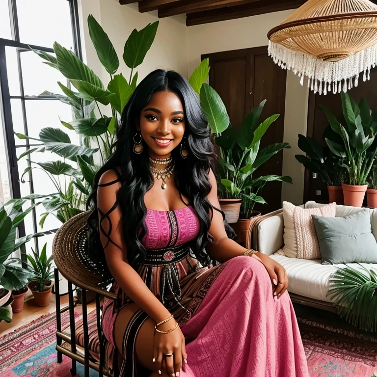 Long wavy luxurious black hair, black woman, medium brown skin tone, beautiful smile, pink bodycon maxi dress, huge pot of plants,  boho living room, boho furniture, decor, from a distance