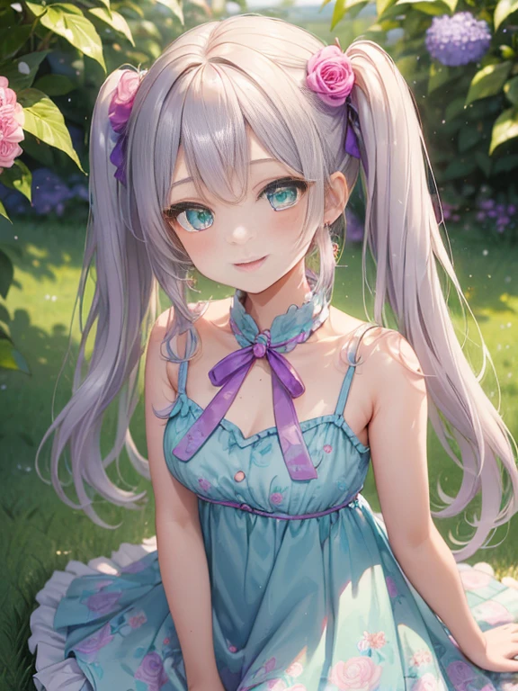 小さなgirl、Face photo、Face up、The arrival of spring、big ass、 (alone:1.5,)Super detailed,bright colors, very beautiful detailed anime face and eyes, look straight, ;d, shiny_skin,girl, ((long silver hair,The inner color is red 、forehead is exposed.、green eyes、、shiny hair, delicate beautiful face, blush、(turquoise eyes), White skin, Valletta, earrings,、blue flower field、(((Pink ruffled dress with floral print、purple mini skirt)))、twin tails、smile、smile、Face dyed red、Face-centered