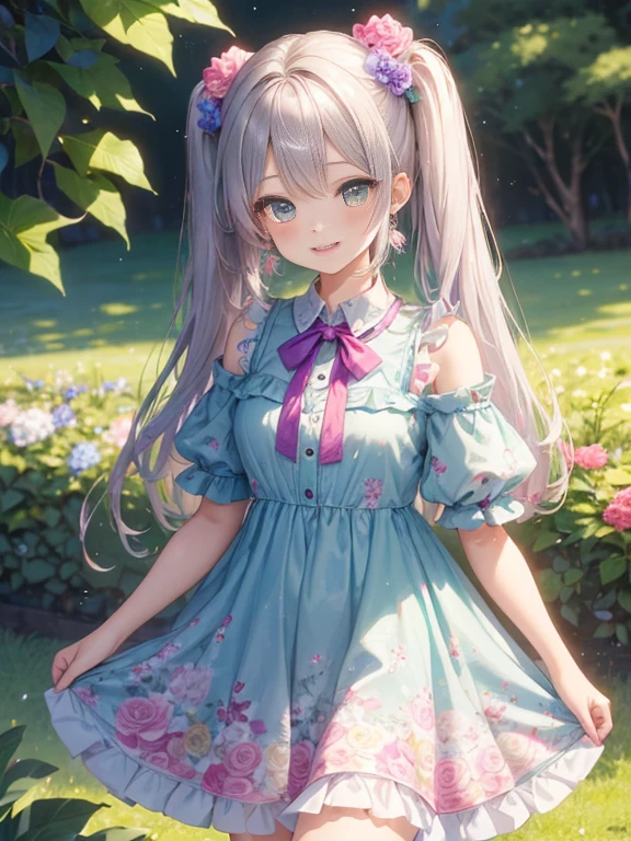 小さなgirl、Face photo、Face up、The arrival of spring、big ass、 (alone:1.5,)Super detailed,bright colors, very beautiful detailed anime face and eyes, look straight, ;d, shiny_skin,girl, ((long silver hair,The inner color is red 、forehead is exposed.、green eyes、、shiny hair, delicate beautiful face, blush、(turquoise eyes), White skin, Valletta, earrings,、blue flower field、(((Pink ruffled dress with floral print、purple mini skirt)))、twin tails、smile、smile、Face dyed red、Face-centered