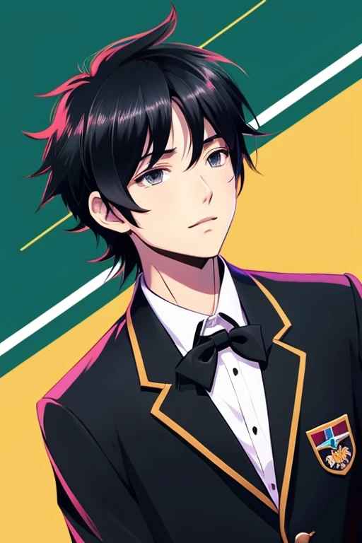 boy　black hair　long hair　uniform　blazer　beautiful young man　cool　anime style　cartoon style