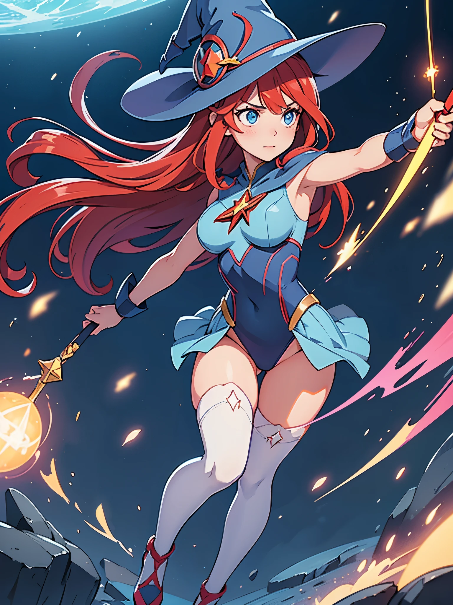 1girl, superhero, holding wand, witch academia, superhero sorceress witch, glamorous angewoman digimon, sky witch, by Aguri Uchida, maya ali as a lightning mage, leotard, blue leotard with white accents, bare legs, blue thigh-highs, red high heels, (witch hat, red hair, long hair), blue eyes, ahoge, beautiful detailed eyes, beautiful detailed face, cute face, medium breasts, age 16-18, solo, solo focus, wonder, full body with costume, full body portrait, cowboy shot