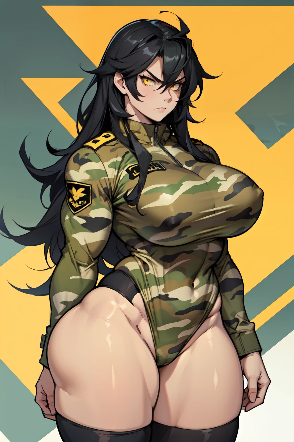 solo, 1 girl, (very long hair), black hair, angry, yellow eyes pale skin (wide hips thick thighs curvy muscular toned body bodybuilder huge tits) (camo uniform)