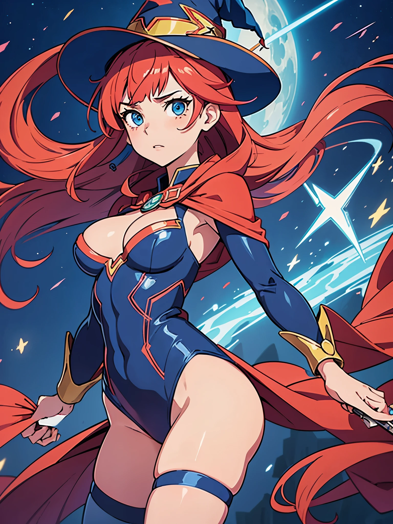 1girl, superhero, holding wand, witch academia, superhero sorceress witch, glamorous angewoman digimon, sky witch, by Aguri Uchida, maya ali as a lightning mage, leotard, blue leotard with white accents, bare legs, blue thigh-highs, red high heels, (witch hat, red hair, long hair), blue eyes, ahoge, beautiful detailed eyes, beautiful detailed face, cute face, medium breasts, age 16-18, solo, solo focus, wonder, full body with costume, full body portrait, cowboy shot