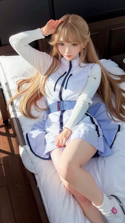 bright look、photorealism、full body painting、highest quality、超A high resolution、picture、北欧生まれの非常にbeautiful少女の写真、extraordinary beautiful girl、可愛くてbeautiful顔の詳細、(Pueros face_V1:0.008)、beautiful bangs、alice in wonderland、、Radiant, fair, glowing skin、facial hair、Bangs that extend to the face、bangs between eyes、super long hair、Glamorous bright natural platinum blonde super long straight silky hair、high resolution eyes、beautiful, Bright and clear, Big light blue eyes shine charmingly、(white astrovest):10、eyeliner、double eyelid、rich bust、Going to bed、lie on your back、sprawl、sleep on your side、lying on one's back