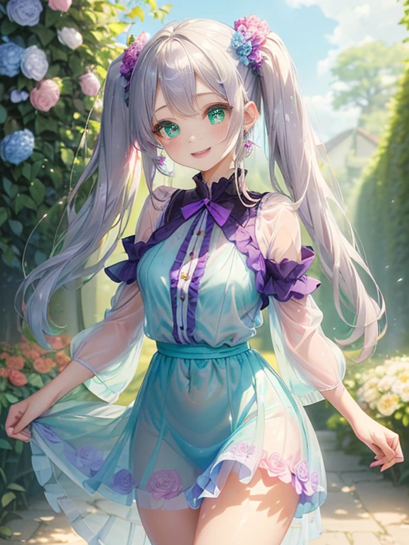小さなgirl、thick thighs、The arrival of spring、big ass、 (alone:1.5,)Super detailed,bright colors, very beautiful detailed anime face and eyes, look straight, shiny_skin,girl, ((gradation hair、Hair that changes from silver to red））、forehead is exposed.、green eyes、、shiny hair, delicate beautiful face, blush、(turquoise eyes), White skin, Valletta, earrings,、blue flower field、(((Floral pink ruffle dress、See-through、purple mini skirt)))、twin tails、smile、smile、Face dyed red
