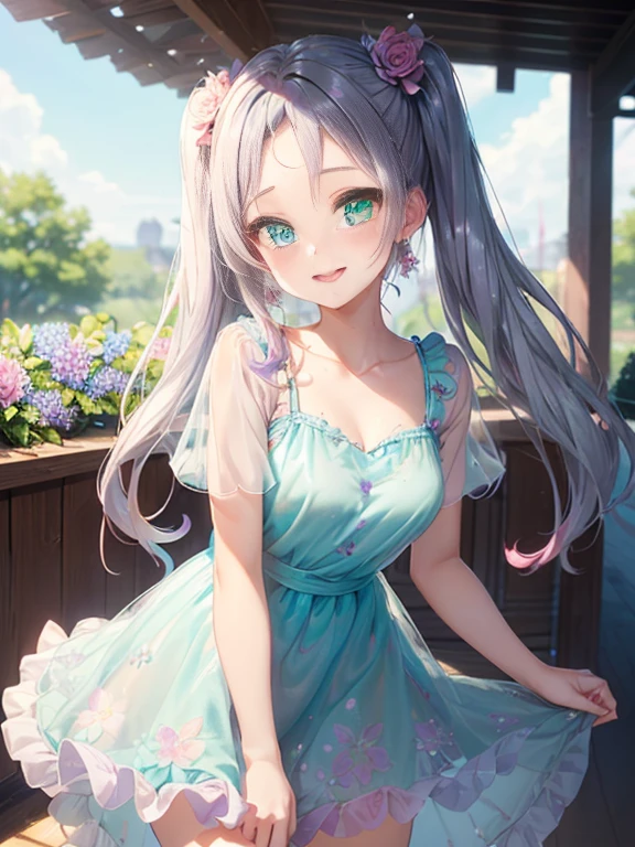 小さなgirl、thick thighs、The arrival of spring、big ass、 (alone:1.5,)Super detailed,bright colors, very beautiful detailed anime face and eyes, look straight, shiny_skin,girl, ((gradation hair、Hair that changes from silver to red））、forehead is exposed.、green eyes、、shiny hair, delicate beautiful face, blush、(turquoise eyes), White skin, Valletta, earrings,、blue flower field、(((Floral pink ruffle dress、See-through、purple mini skirt)))、twin tails、smile、smile、Face dyed red