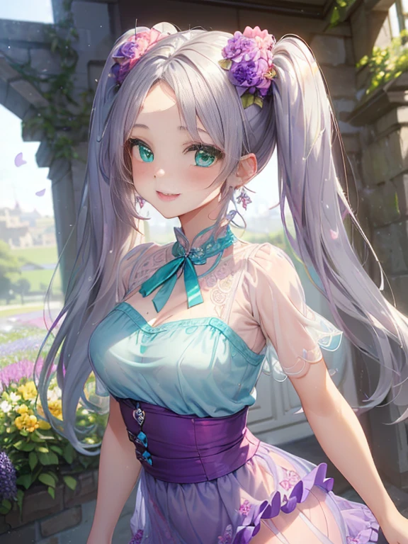 小さなgirl、thick thighs、The arrival of spring、big ass、 (alone:1.5,)Super detailed,bright colors, very beautiful detailed anime face and eyes, look straight, shiny_skin,girl, ((gradation hair、Hair that changes from silver to red))、forehead is exposed.、green eyes、、shiny hair, delicate beautiful face, blush、(turquoise eyes), White skin, Valletta, earrings,、blue flower field、(((Floral pink ruffle dress、See-through、purple mini skirt)))、twin tails、smile、smile、Face dyed red