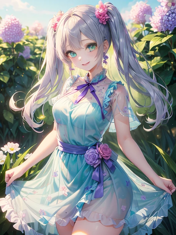 小さなgirl、thick thighs、The arrival of spring、big ass、 (alone:1.5,)Super detailed,bright colors, very beautiful detailed anime face and eyes, look straight, shiny_skin,girl, ((gradation hair、Hair that changes from silver to red))、forehead is exposed.、green eyes、、shiny hair, delicate beautiful face, blush、(turquoise eyes), White skin, Valletta, earrings,、blue flower field、(((Floral pink ruffle dress、See-through、purple mini skirt)))、twin tails、smile、smile、Face dyed red
