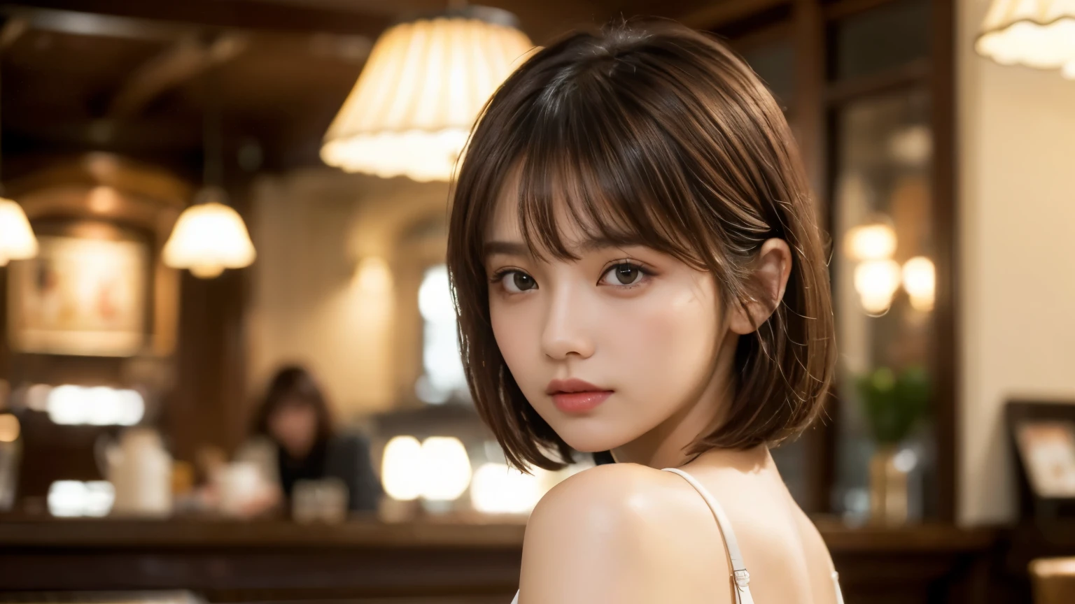 (masterpiece, Super detailed, very detailed, exquisite, 16k, confused), woman, 19 years old, glamorous, (Refreshing breeze:1.4), looking at the viewer, short hair, messy hair, diagonal bangs, brown hair, brown eyes, Upper body, cinematic lighting, Blurry background in focus, inside a stylish cafe, Urban Cafe 