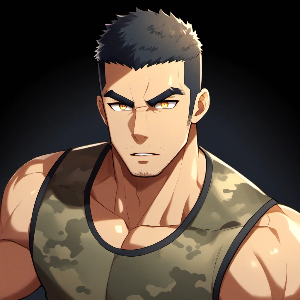 anime characters:Gyee, Fitness coach, 1 muscular tough guy, Manliness, male focus, Camouflage sleeveless T-shirt, Very tight, Slightly transparent, muscular male, muscular, only, Upper body, alone, Black short hair, Thick eyebrows, stubble, Yellow eyes, Black background, simple background, amazing quality, best aesthetics, Ridiculous, bright pupils, crew cut, parted lips, v-shaped eyebrows, jitome, drop shadow, best quality