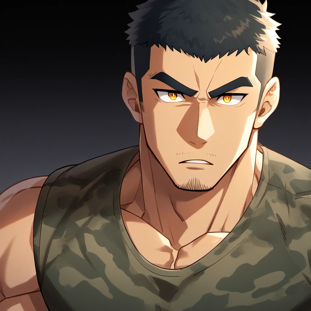 anime characters:Gyee, Fitness coach, 1 muscular tough guy, Manliness, male focus, Camouflage sleeveless T-shirt, Very tight, Slightly transparent, muscular male, muscular, only, Upper body, alone, Black short hair, Thick eyebrows, stubble, Yellow eyes, Black background, simple background, amazing quality, best aesthetics, Ridiculous, bright pupils, crew cut, parted lips, v-shaped eyebrows, jitome, drop shadow, best quality