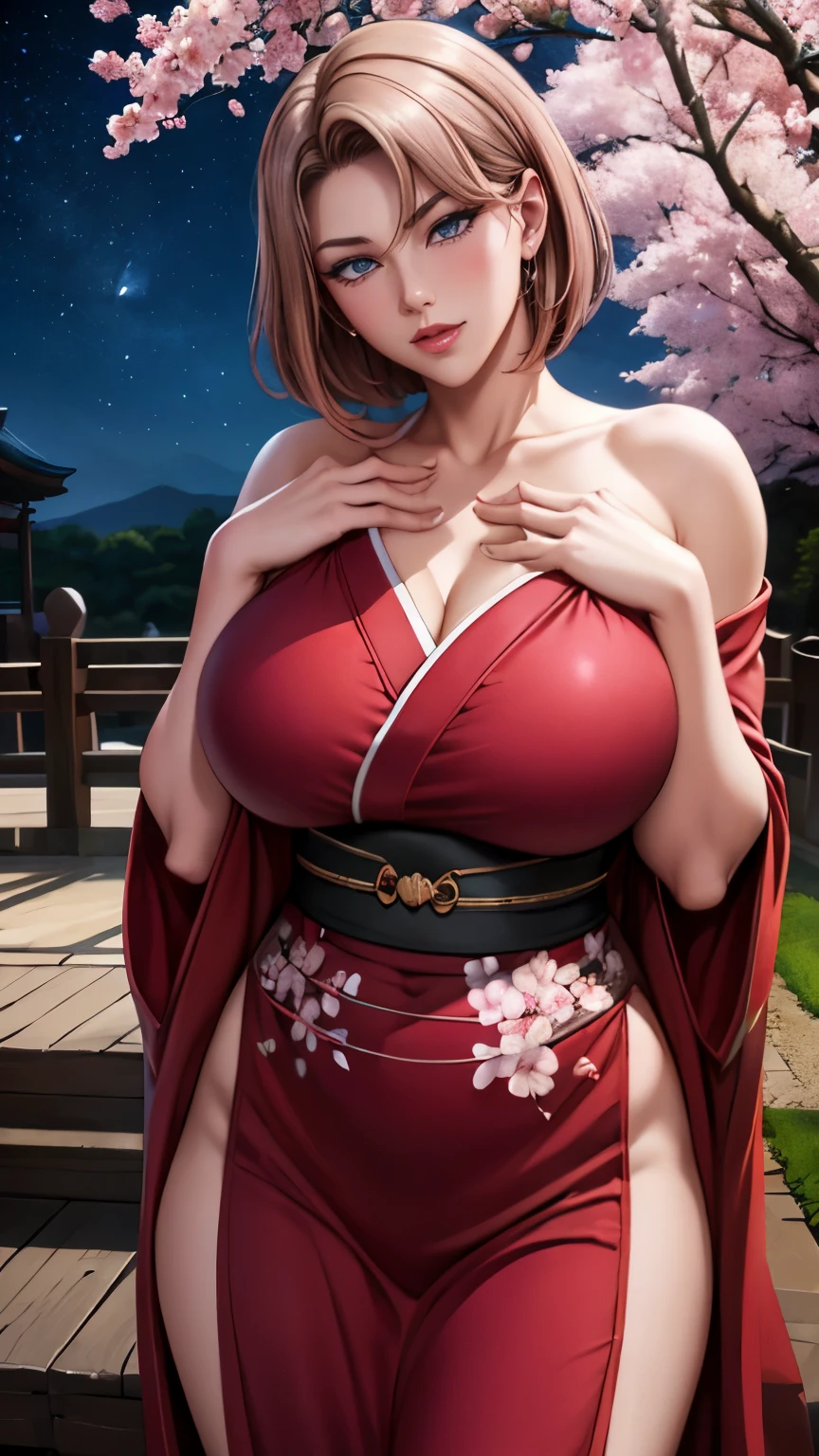 red eyes, (highest quality, masterpiece painting:1.3), immature woman, , (half body shot), masterpiece, ultra high resolution, (Photoreal:1.0), purple short hair,straight hair, beautiful shining hair, white and shining skin, ((Super realistic details)), octane rendering, highly detailed face, (big breasts:0.8), (make a heart with your hands), ((Completely naked:1.2)),((bottomless:1.2)), Hair flutters under the influence of the wind, Beautiful Japanese garden with cherry blossoms at night, Mysterious night sky, beautiful scenery, sharp focus, intricate details, professional artwork, (bright colors:1.1), bright colors, diffused lighting, digital blending, Ultra high definition body, ultra detail hair, super detailed face, that&#39;that&#39;It&#39;s trending on pixiv, top button open, Cute gaze, compensate, perfect lips, perfect compensate, Ultra-precision coating,  (light_smile:0.8), (Very embarrassed:1.2), blush your nose,