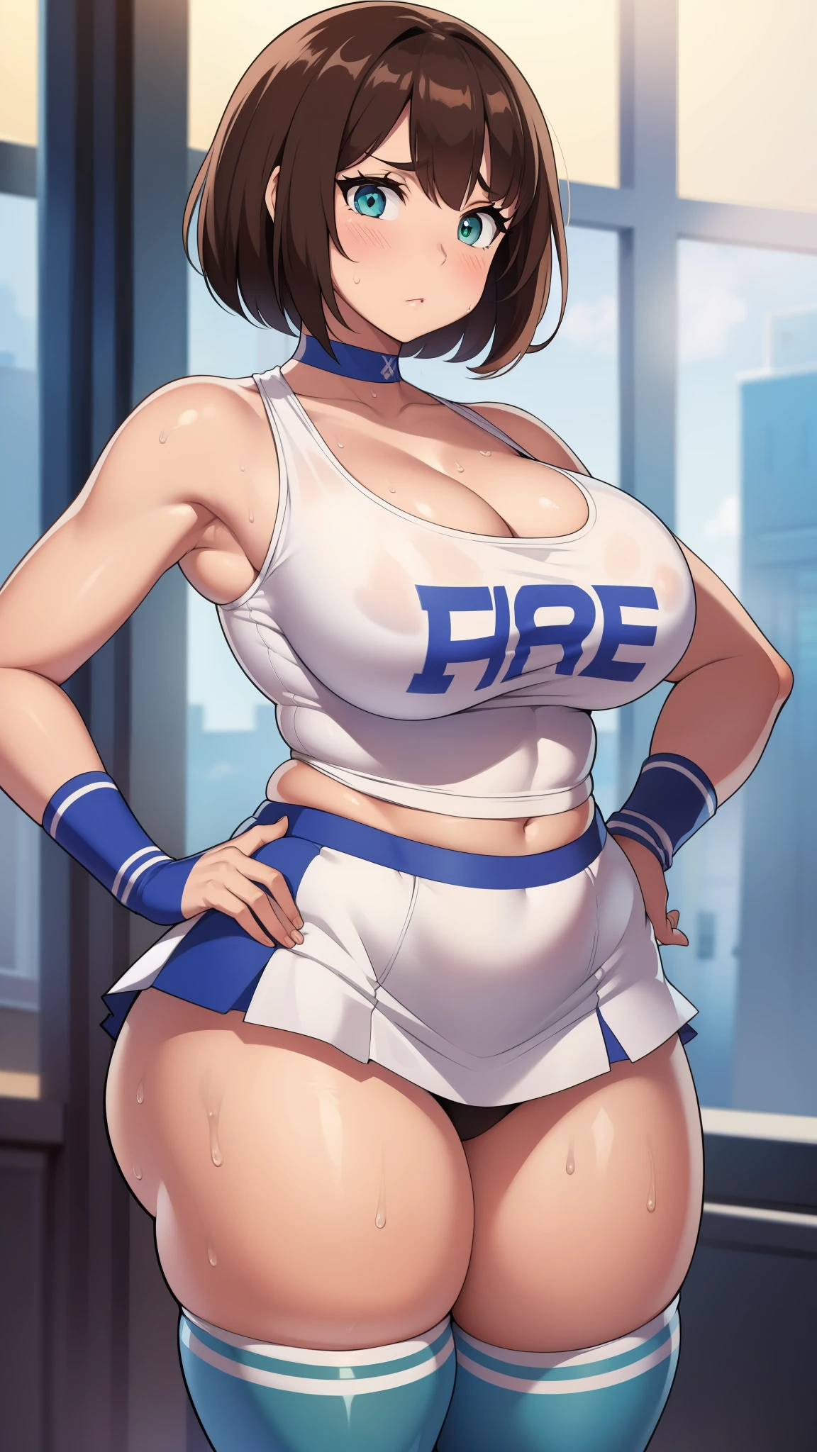 ((Masterpiece)), perfect anatomy, perfect shading, field of depth, (best quality), extremely delicate and beautiful, perfect lighting, detailed face, ultra cute face, cute, (cowboy shot 1.2), looking at viewer, (full body), (((1girl))), (((solo))), cheerleader
short hair, fluffy hair, brown hair, green eyes, ((blush))), (cheerleader uniform), (blue and white tank top 1.2), (short section red skirt 1.2), thigh highs, chocker, extremely tight clothes, large breasts, cleavage, perky breasts, wide hips, thick thighs,
School gym, intricate background, detailed background, sweaty, out of breath, hands on hip