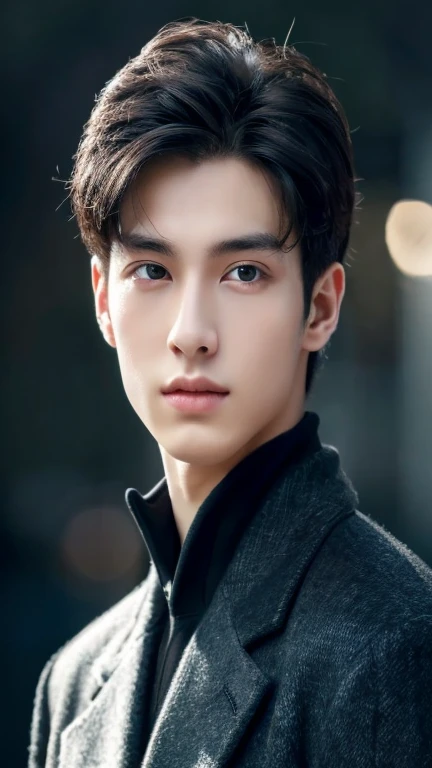 "The 20-year-old man is a true masterpiece of beauty, he wore a black coat. When gazing into the beautiful eyes, the sensual gaze attracts the opposite, his eyes are on the viewer you can see every detail and perfect line clearly, beautiful details in 8K quality, attracted by the confidence radiating from each expression. His head is framed by white hair, and his face is meticulously rendered in 8K-quality imagery. He is looking at the camera. His hair is silver.