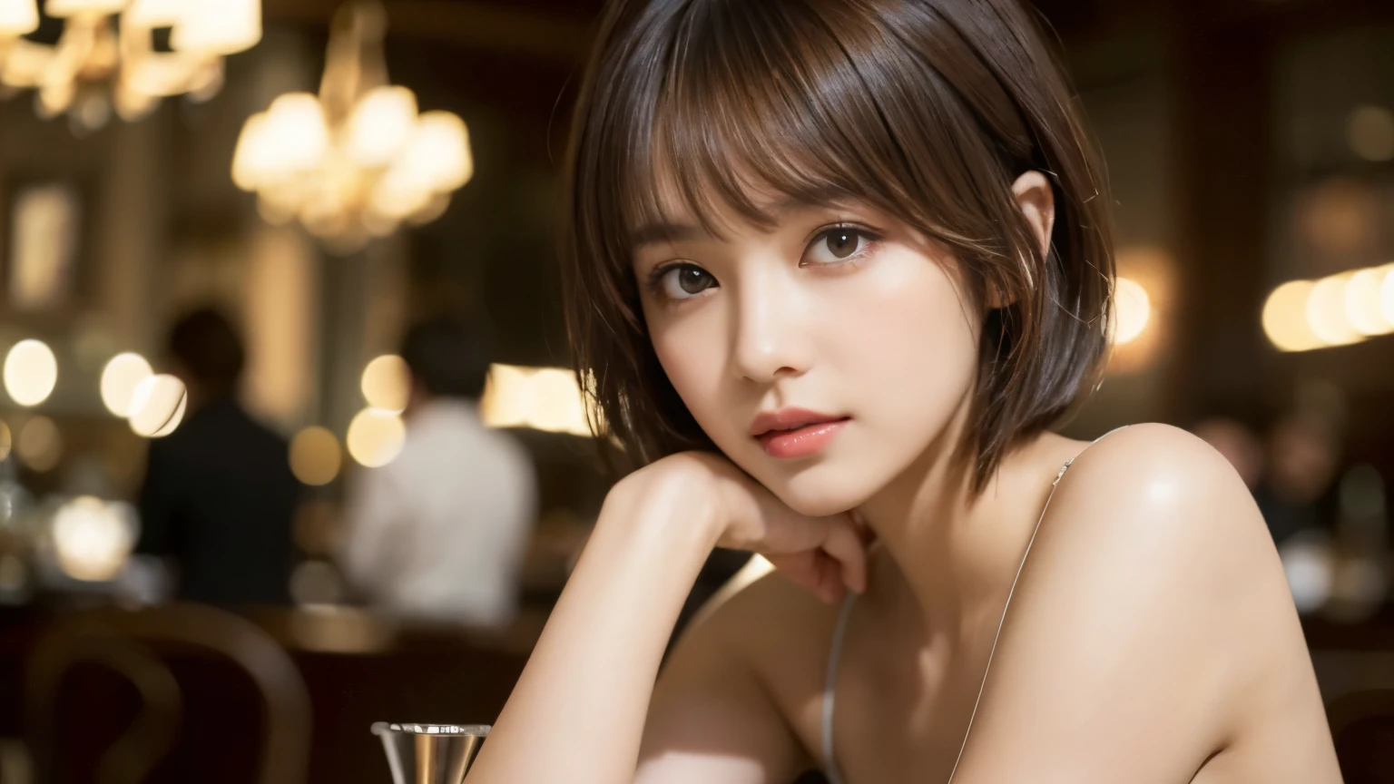 (masterpiece, Super detailed, very detailed, exquisite, 16k, confused), woman, 19 years old, glamorous, (Refreshing breeze:1.4), looking at the viewer, short hair, messy hair, diagonal bangs, brown hair, brown eyes, Upper body, cinematic lighting, Blurry background in focus, inside a stylish cafe, Urban Cafe 