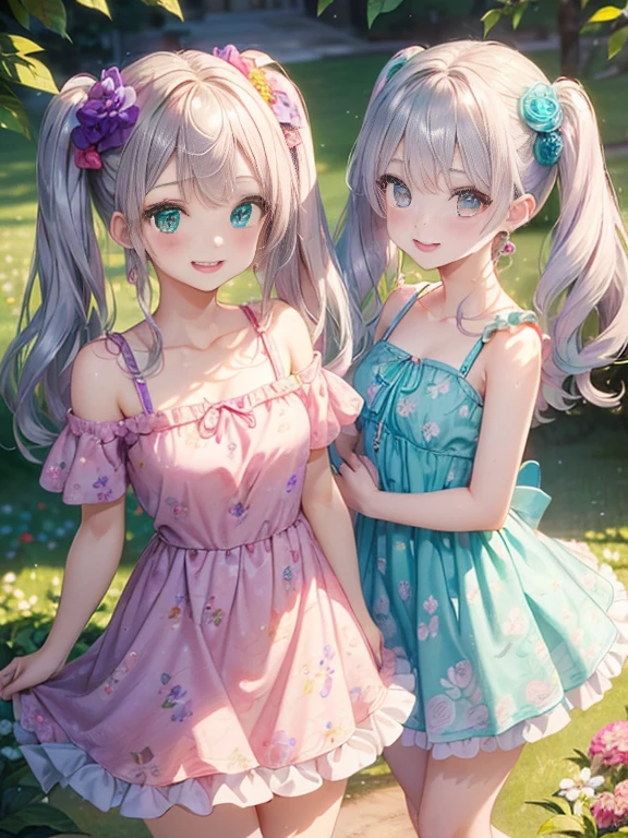 小さなgirl、The arrival of spring、big ass、 (alone:1.5,)Super detailed,bright colors, very beautiful detailed anime face and eyes, look straight, ;d, shiny_skin,girl, ((long silver hair,The inner color is red 、forehead is exposed.、green eyes、、shiny hair, delicate beautiful face, blush、(turquoise eyes), White skin, Valletta, earrings,、blue flower field、(((Pink ruffled dress with floral print、purple mini skirt)))、twin tails、smile、smile、Face dyed red
