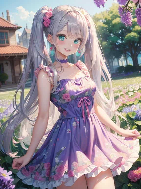 小さなgirl、The arrival of spring、big ass、 (alone:1.5,)Super detailed,bright colors, very beautiful detailed anime face and eyes, look straight, ;d, shiny_skin,girl, ((long silver hair,The inner color is red 、forehead is exposed.、green eyes、、shiny hair, delicate beautiful face, blush、(turquoise eyes), White skin, Valletta, earrings,、blue flower field、(((Pink ruffled dress with floral print、purple mini skirt)))、twin tails、smile、smile、Face dyed red
