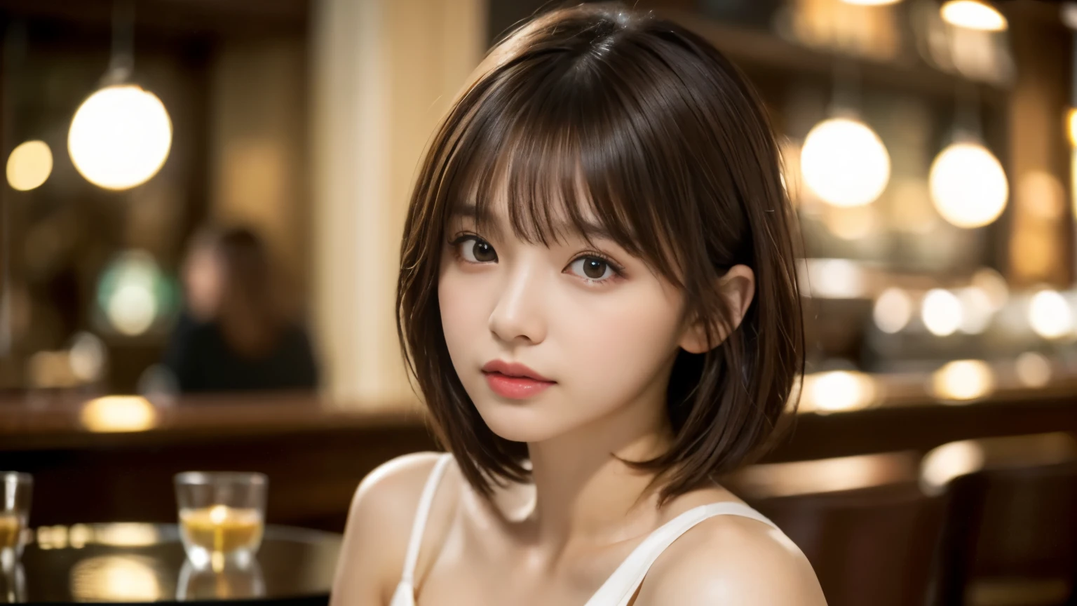 (masterpiece, Super detailed, very detailed, exquisite, 16k, confused), woman, 19 years old, glamorous, (Refreshing breeze:1.4), looking at the viewer, short hair, messy hair, diagonal bangs, brown hair, brown eyes, Upper body, cinematic lighting, Blurry background in focus, inside a stylish cafe, Urban Cafe