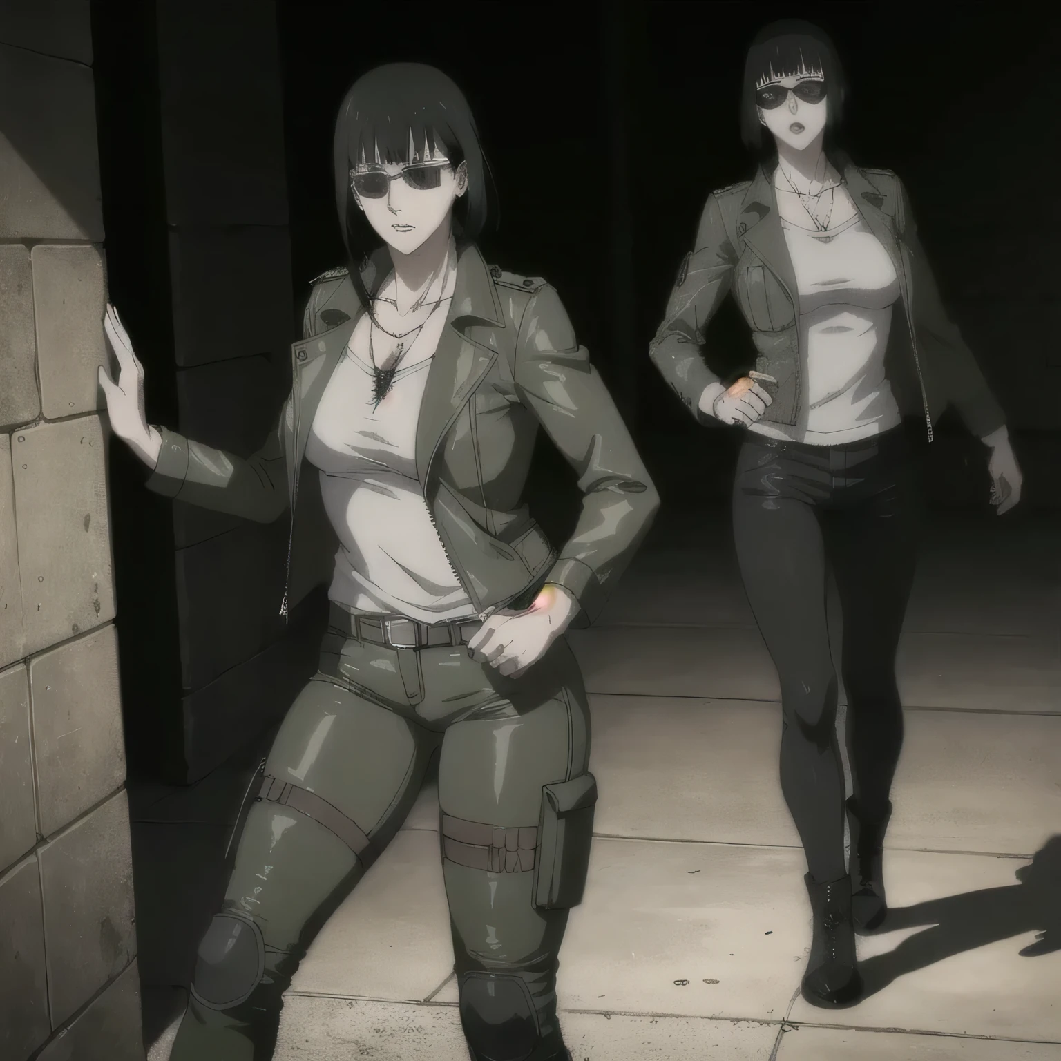 (best quality,ultra-detailed,realistic:1.37),musclaur military badass girl Sunglasses wearing Undershirt with Leather jacket with zipper closed and combat trousers with long shoes, full review of the female character's face and body, intense expression, strong and confident posture, studio lighting, vivid colors, physiologically-based rendering, grungy texture, rugged background, dust particles in the air, commanding presence, professional, powerful, gritty aesthetics,,Valmet،short hair,necklace,
