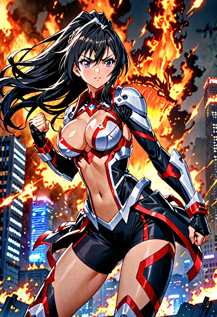 ((highest quality)), ((masterpiece)), (get used to it), perfect face, Japanese with shoulder-length black hair、Breasts are F cup、outstanding style、28 year old female。she、Gungnir from Senki Zesshou Symphogear、Tachibana Acquire the sound'armor。 The right fist is thrust forward like a karate kata..、The left fist is thrust out at high speed., The kick from his right leg leaves countless afterimages..。The background is、a city engulfed in flames, Like a Hong Kong movie。night