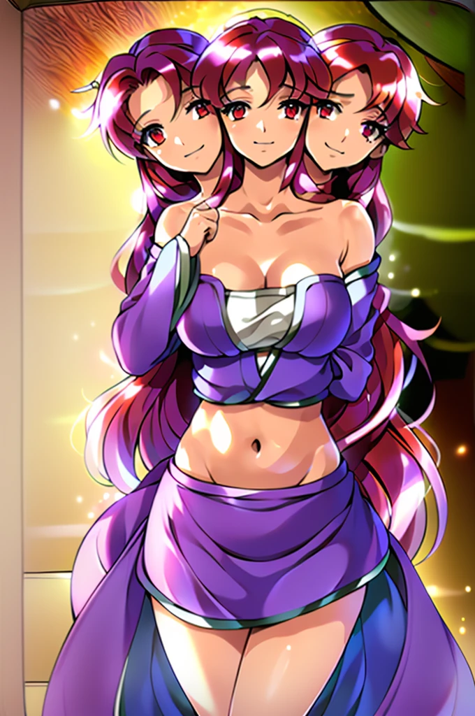 (masterpiece, best quality), best quality, (ultra-detailed), (3heads:1.5), 1girl, (kotohime:1.3), masterpiece, best quality, ultra quality, ultra resolution, ultra detail, purple top, crop top, ((stomach)), midriff, ((groin)), exposed open belly, purple skirt, normal ears, shackles, red hair, very long hair, wavy hair, sidelocks, red eyes, detailed eyes, pupils, parted lips, open belly, sweat, cute, toned belly, hand on own chest, eyelashes, (25 year old woman:1.3), (masterpiece:1.5), (best quality:1.5), (beautiful detailed), extremely detailed CG, extremely delicate and beautiful, depth of field, (finely detailed face), (perfect details:1.2), (mature female:1.3), wide pelvis, slender, large veiny breast, 16k resolution, highres, very high quality, very high definition, extremely detailed, masterpiece, red hair, long hair, alluring presence, braid, short skirt, close up, big tits, young, 