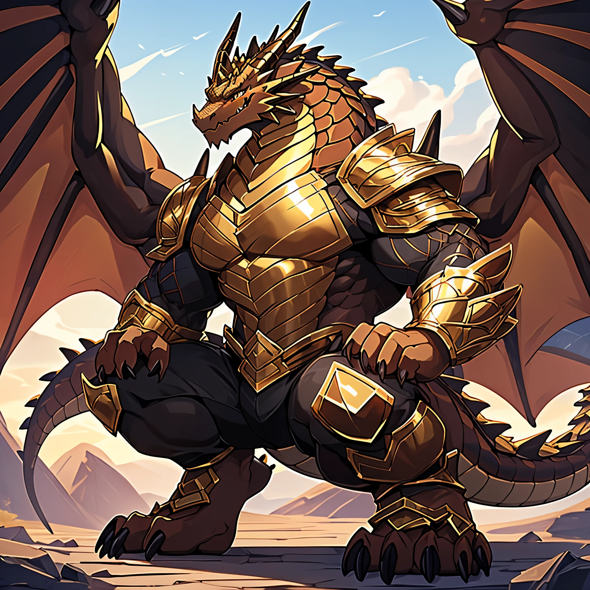(The violent and powerful Dark Gold Dragon King，Wearing modern black and gold armor，Inlaid with dark gold gemstones：200)，Strong build的龙形恶魔，(Broad dragon body，huge chest，majestic wingspan，Sharp and huge dragon claws，Thick iron tail，Sharp dragon scales，The huge dark gold dragon king：2)，Strong build，(Dark gold scales，Mighty dragon-shaped demon：2)，Dragon legs apart，Dragon wings unfold，The dragon's claws open，Excited toothy smile，huge mount，full body picture，Very detailed，4k HD