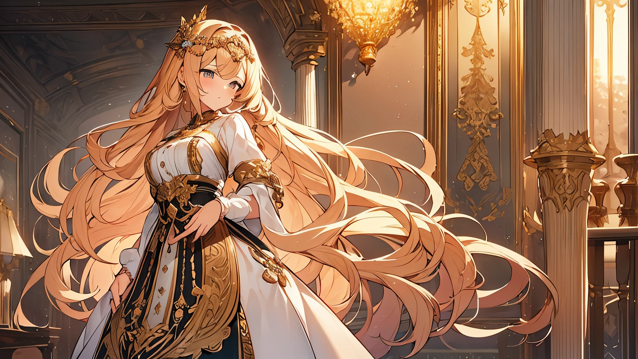 girl with golden locks and ornate hair accessories, standing serenely indoors,
figure rendered with unsurpassed realism and meticulous precision,
summer dress delicately flowing around her, revealing a peek of garters,
blushing cheeks betraying her shyness, adding to her charm,
landscape painted with skillful strokes, SV98 gently waiving in the background,
medium-sized breasts elegantly outlined, long hair cascading down her back in soft waves,
each strand intricately detailed, highest quality rendering,
ultra-realistic textures and colors, vivid and saturated hues,
sophisticated lighting, lif