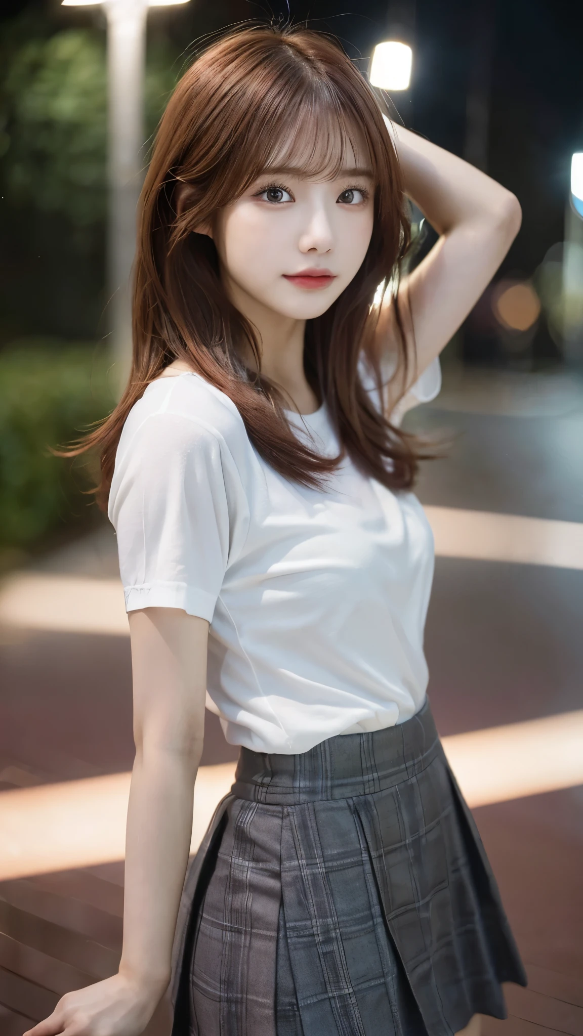 (highest quality,masterpiece:1.3,超A high resolution,),(super detailed,caustics),(Photoreal:1.4,RAW shooting,)ultra-realistic capture,very detailed,High definition 16K for human skin、 Natural skin texture、、Skin looks even-toned and healthy、 Use natural light and color,one woman,Japanese,,cute,Red Haired,middle hair,(Depth of the bounds written、chromatic aberration、、wide range of lighting、natural shading、)、(outdoor lights at night:1.4)、(hair swaying in the wind:1)、short hair、(Exposure:3.0)、See-through white shirt、skirt