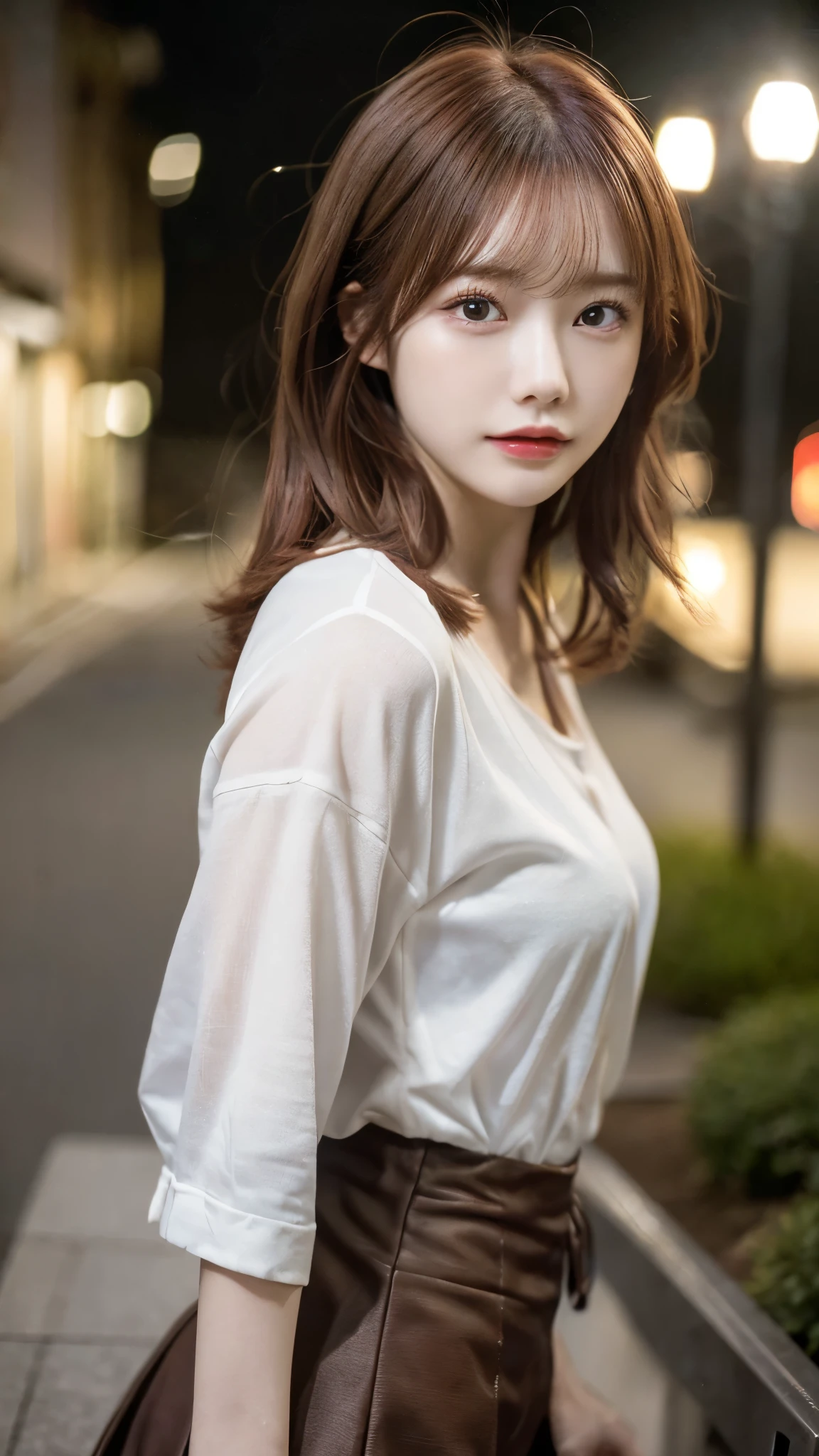 (highest quality,masterpiece:1.3,超A high resolution,),(super detailed,caustics),(Photoreal:1.4,RAW shooting,)ultra-realistic capture,very detailed,High definition 16K for human skin、 Natural skin texture、、Skin looks even-toned and healthy、 Use natural light and color,one woman,Japanese,,cute,Red Haired,middle hair,(Depth of the bounds written、chromatic aberration、、wide range of lighting、natural shading、)、(outdoor lights at night:1.4)、(hair swaying in the wind:1)、short hair、(Exposure:3.0)、See-through white shirt、skirt