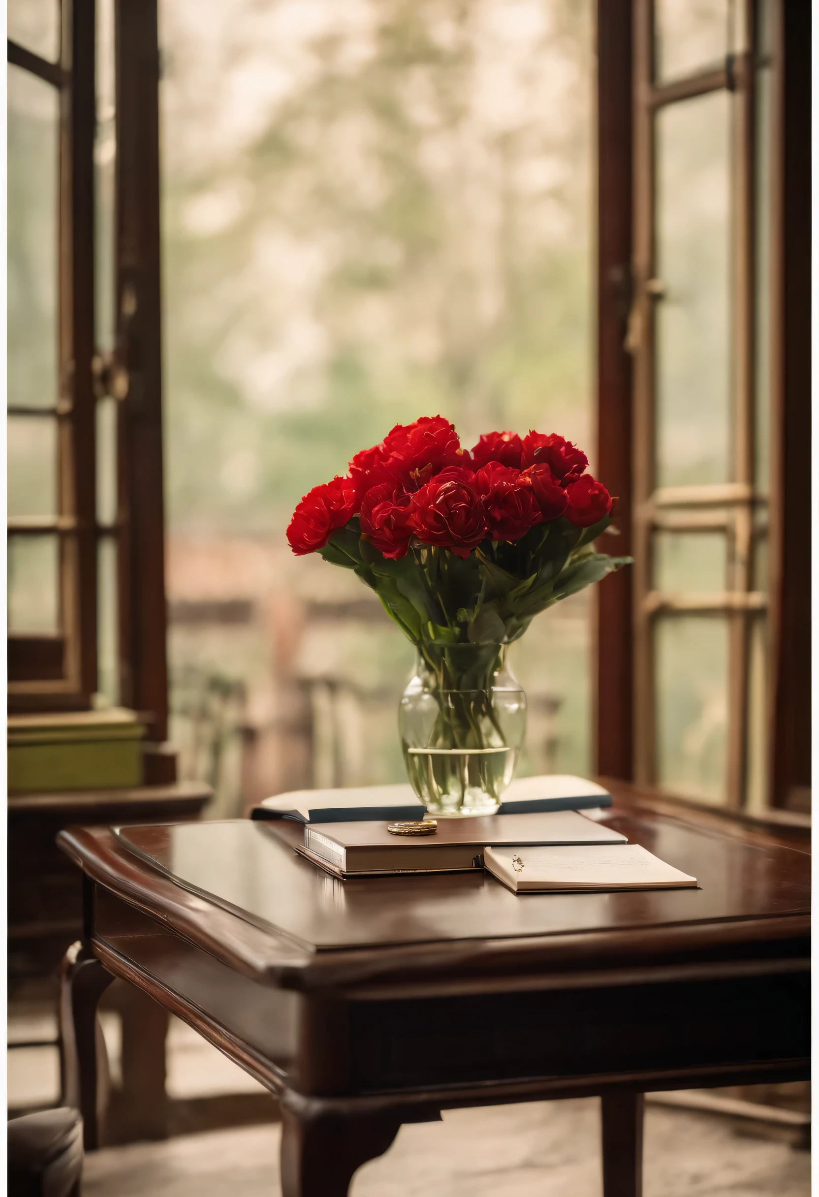 A flower and blank notebook on delicate side table,Beijing old study room,depth of field