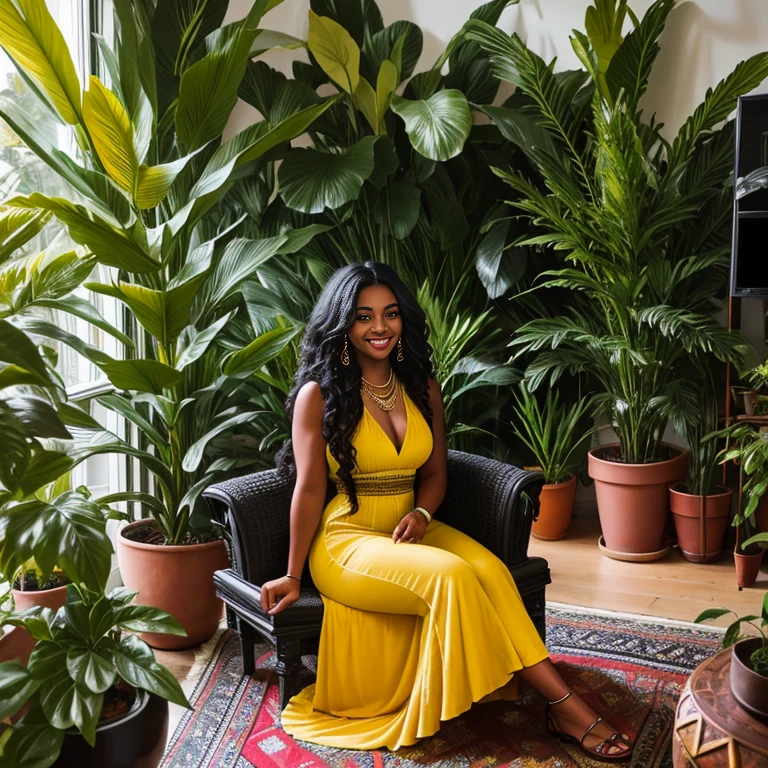 Long wavy luxurious black hair, black woman, medium brown skin tone, beautiful smile, yellow bodycon maxi dress, huge pot of plants,  boho living room, boho furniture, decor, from a distance