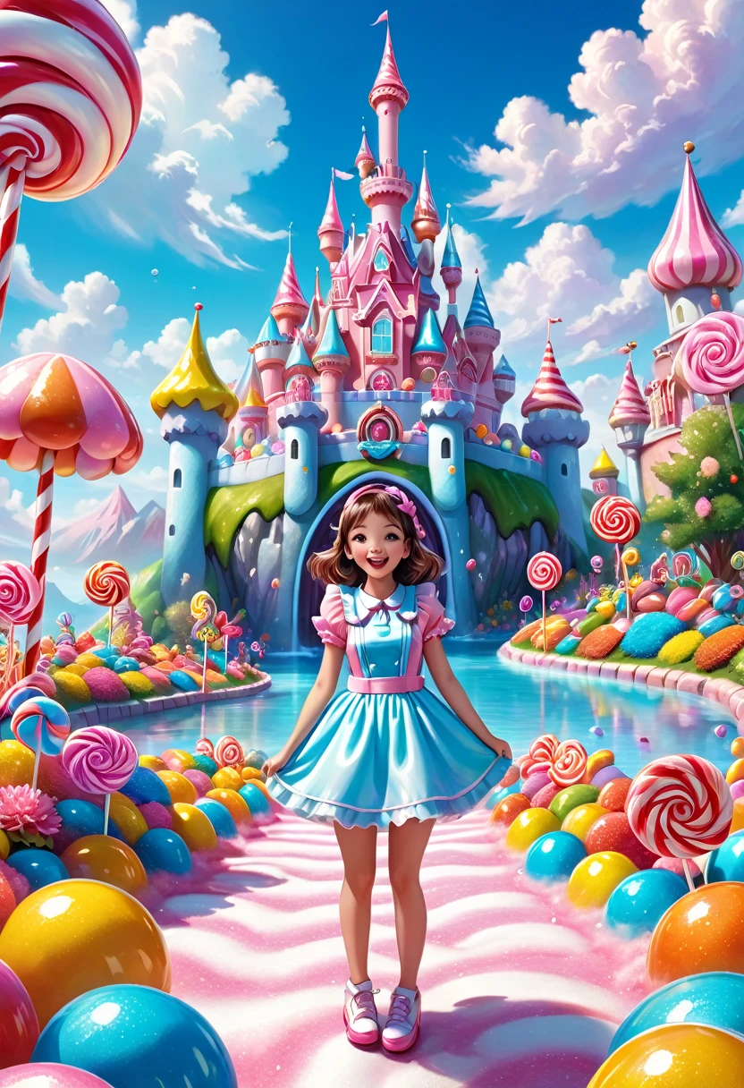 1girl, Candyland, aesthetic, (best quality, highres), ultra-detailed, (realistic:1.37), vibrant colors, candy-themed, dreamlike, enchanting, whimsical, sunlit, joyful, playful, sugary attire, magical, enticing aroma, candy castle, candy river, cotton candy clouds, lollipops, candy cane columns, sugar sculptures, gumdrop boats, candy fish, vibrant flowers, cheerful musicians