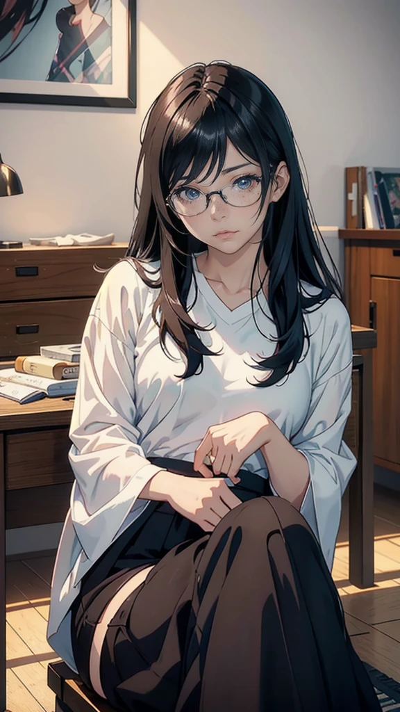 There is a woman sitting cross-legged on the floor., with glasses, with glasses on, japanese model, wore glasses, a surreal , with square glasses, no glasses, Real young gravure idol, Otaku-like appearance, wearing glasses, young sensual gravure idol, surreal , Yoshitomo Nara, Ilya Kubshinov with long hair, Realistic anime 3d style, realistic anime art style, realistic anime art style, Digital art Ilya Kubshinov, beautiful anime portrait, realistic young anime girl, Ilya Kubshinov style, anime realism style, portrait anime girl,shiny silver,Mole under left eye,Cute freckles on the cheeks,((beautiful skin)),((skin texture)),((Real Touch)),
