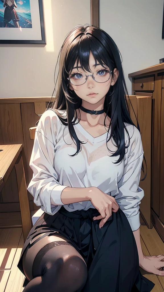 There is a woman sitting cross-legged on the floor., with glasses, with glasses on, japanese model, wore glasses, a surreal , with square glasses, no glasses, Real young gravure idol, Otaku-like appearance, wearing glasses, young sensual gravure idol, surreal , Yoshitomo Nara, Ilya Kubshinov with long hair, Realistic anime 3d style, realistic anime art style, realistic anime art style, Digital art Ilya Kubshinov, beautiful anime portrait, realistic young anime girl, Ilya Kubshinov style, anime realism style, portrait anime girl,shiny silver,Mole under left eye,Cute freckles on the cheeks,((beautiful skin)),((skin texture)),((Real Touch)),