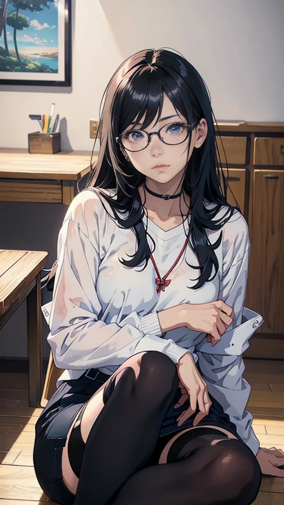 There is a woman sitting cross-legged on the floor., with glasses, with glasses on, japanese model, wore glasses, a surreal , with square glasses, no glasses, Real young gravure idol, Otaku-like appearance, wearing glasses, young sensual gravure idol, surreal , Yoshitomo Nara, Ilya Kubshinov with long hair, Realistic anime 3d style, realistic anime art style, realistic anime art style, Digital art Ilya Kubshinov, beautiful anime portrait, realistic young anime girl, Ilya Kubshinov style, anime realism style, portrait anime girl,shiny silver,Mole under left eye,Cute freckles on the cheeks,((beautiful skin)),((skin texture)),((Real Touch)),