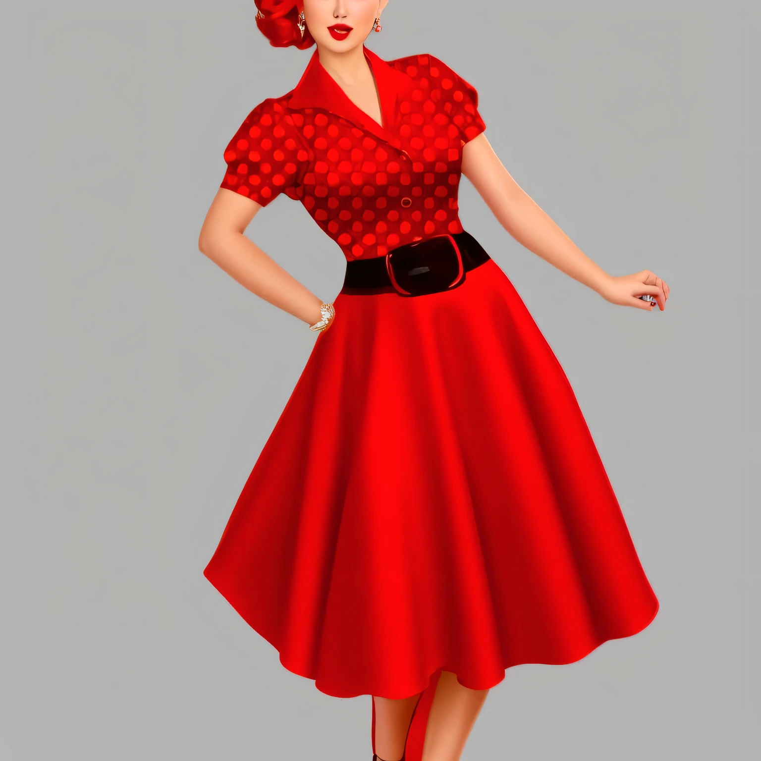 un primer plano de una mujer con un vestido rojo y zapatos rojos, 50s style, estilo 50s, Rockabilly, Rockabilly style, retro estilo 50s, pin-up de los sesenta, 50s vibes, 1 9 estilo 50s, Grayscale photography with red dress., moda vintage, estilo pin-up, 50s illustration style