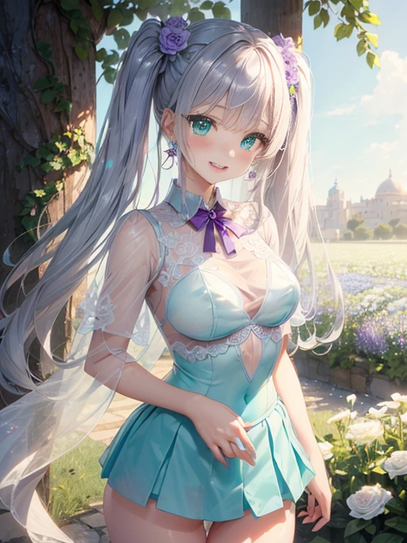 小さなgirl、The arrival of spring、big ass、 (alone:1.5,)Super detailed,bright colors, very beautiful detailed anime face and eyes, look straight, ;d, shiny_skin,girl, ((long silver hair,The inner color is red 、forehead is exposed.、green eyes、、shiny hair, delicate beautiful face, blush、(turquoise eyes), White skin, Valletta, earrings,、blue flower field、((See-through、leotard、purple mini skirt)))、twin tails、smile、smile、Face dyed red、Face-centered