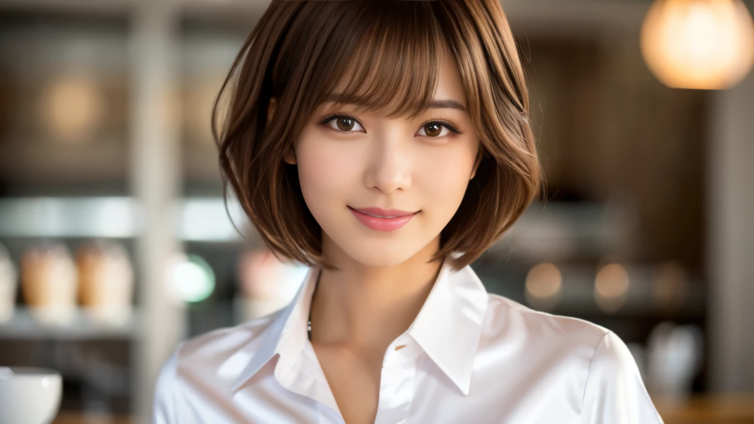 product quality, upper body shot, Front view, inside a stylish cafe, 1 girl, young beautiful japanese woman, short bob hair, hyper pretty face, glamorous, I wear a satin silk white shirt with short sleeves and long sleeves with a collar, Lots of smiles at the cafe, glossy lips, double eyelids of both eyes, natural makeup, long eyelashes, shiny smooth light brown hair, asymmetrical bangs, tanned skin, center image, High resolution, high detail, detailed hairstyle, detailed face, movie lighting, surreal, perfect body,
