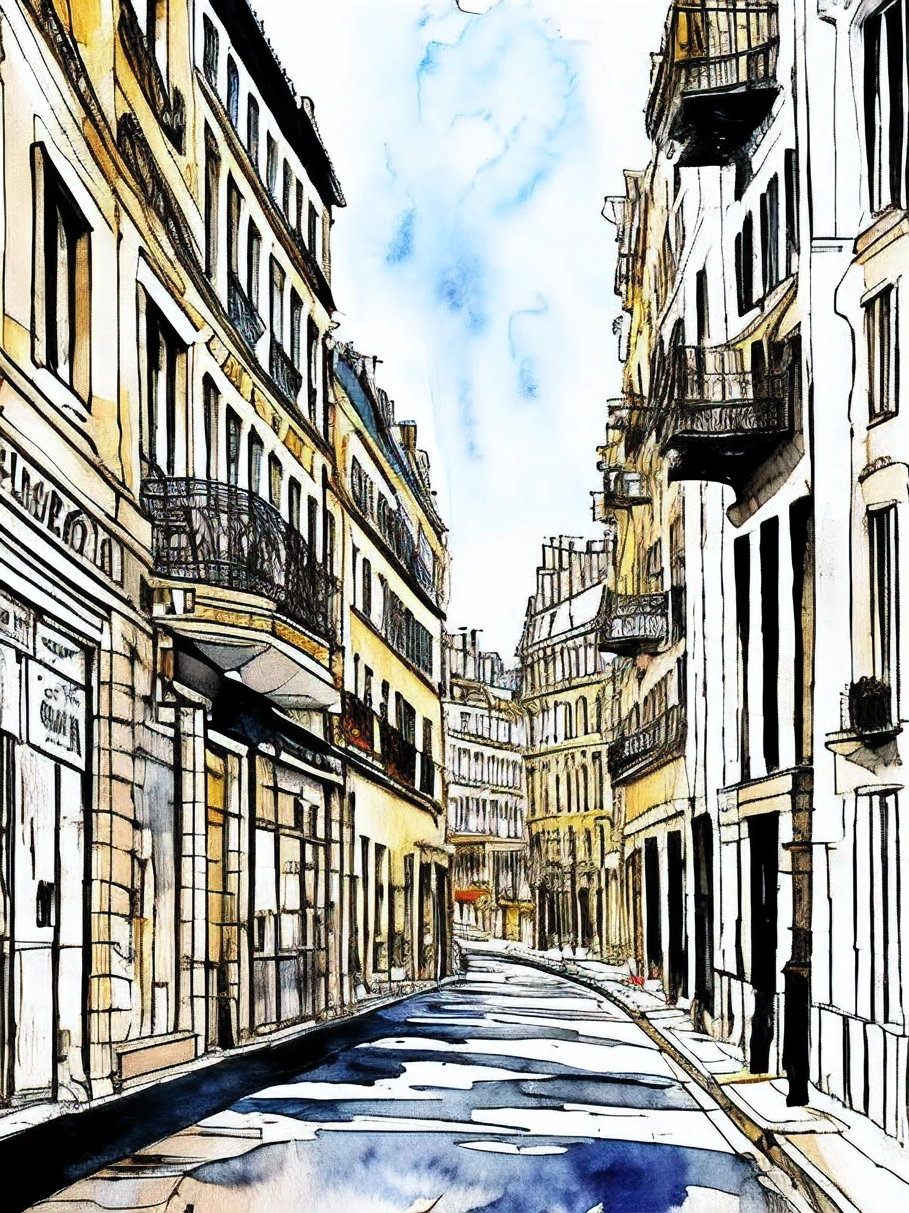 The streets of Paris,Stylish cut, postcard, artistic,Scribble style,Clear, bold, thick outlines, fashion design sketch, female,Slim tail,Rough coloring, watercolor painting