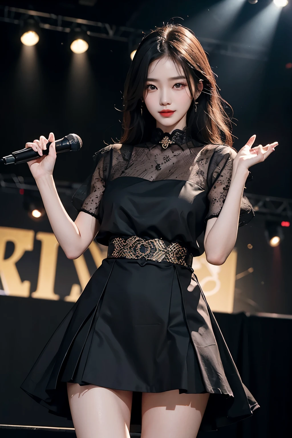 Korean beauty wearing black dress and holding microphone on stage. perform on stage, Korean beauty wearing short skirt and shirt, red lips,mature woman,assembly, Liuyifei, (best quality, masterpiece:1.2), very detailed, (realistic:1.37), beautiful, young, glamorous model (detailed eyes, detailed lips, extremely detailed eyes), cute and casual outfit, showing a bright smile, slim body, long legs, random pose, (clothes:random color), perfect hands,