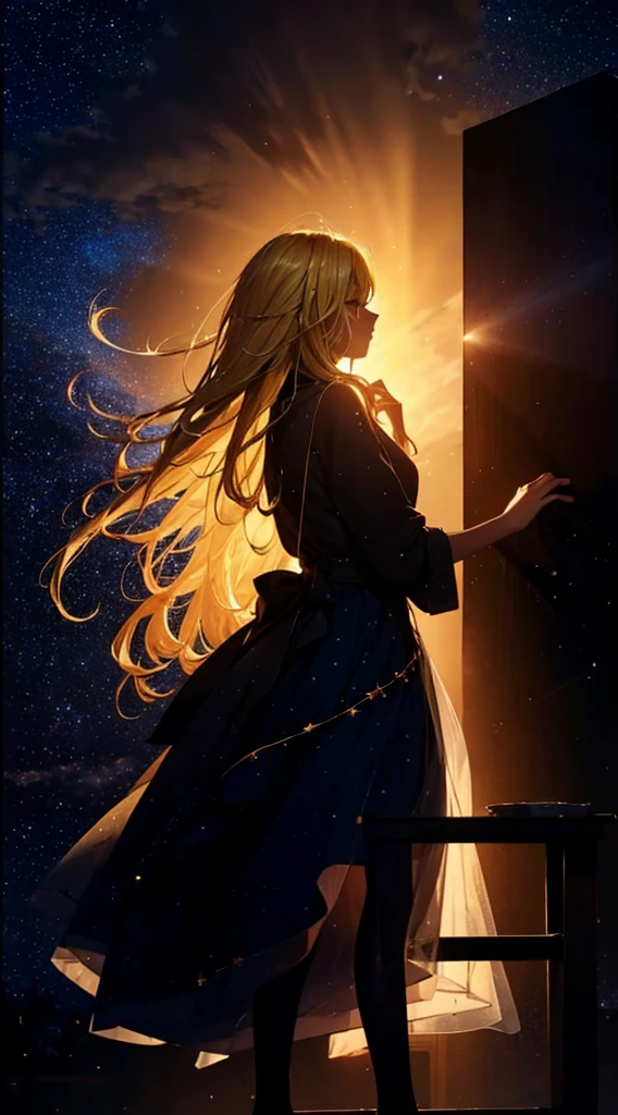starry sky,dance,female angel1people,silhouette,blonde, dress,blonde long hair,