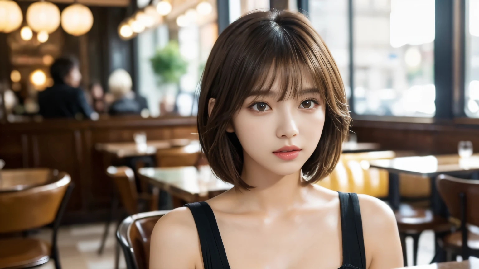 (masterpiece, Super detailed, very detailed, exquisite, 16k, confused), woman, 19 years old, glamorous, (Refreshing breeze:1.4), looking at the viewer, short hair, messy hair, diagonal bangs, brown hair, brown eyes, Upper body, cinematic lighting, Blurry background in focus, inside a stylish cafe, Urban Cafe