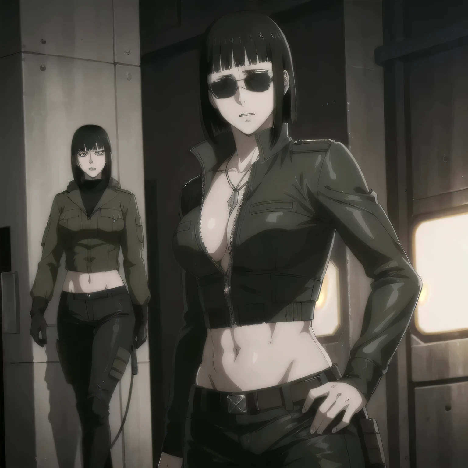 (best quality,ultra-detailed,realistic:1.37),musclaur military badass girl Sunglasses wearing midriff with Leather jacket with zipper closed and combat trousers with long shoes, full review of the female character's face and body, intense expression, strong and confident posture, studio lighting, vivid colors, physiologically-based rendering, grungy texture, rugged background, dust particles in the air, commanding presence, professional, powerful, gritty aesthetics,,Valmet،short hair,necklace,