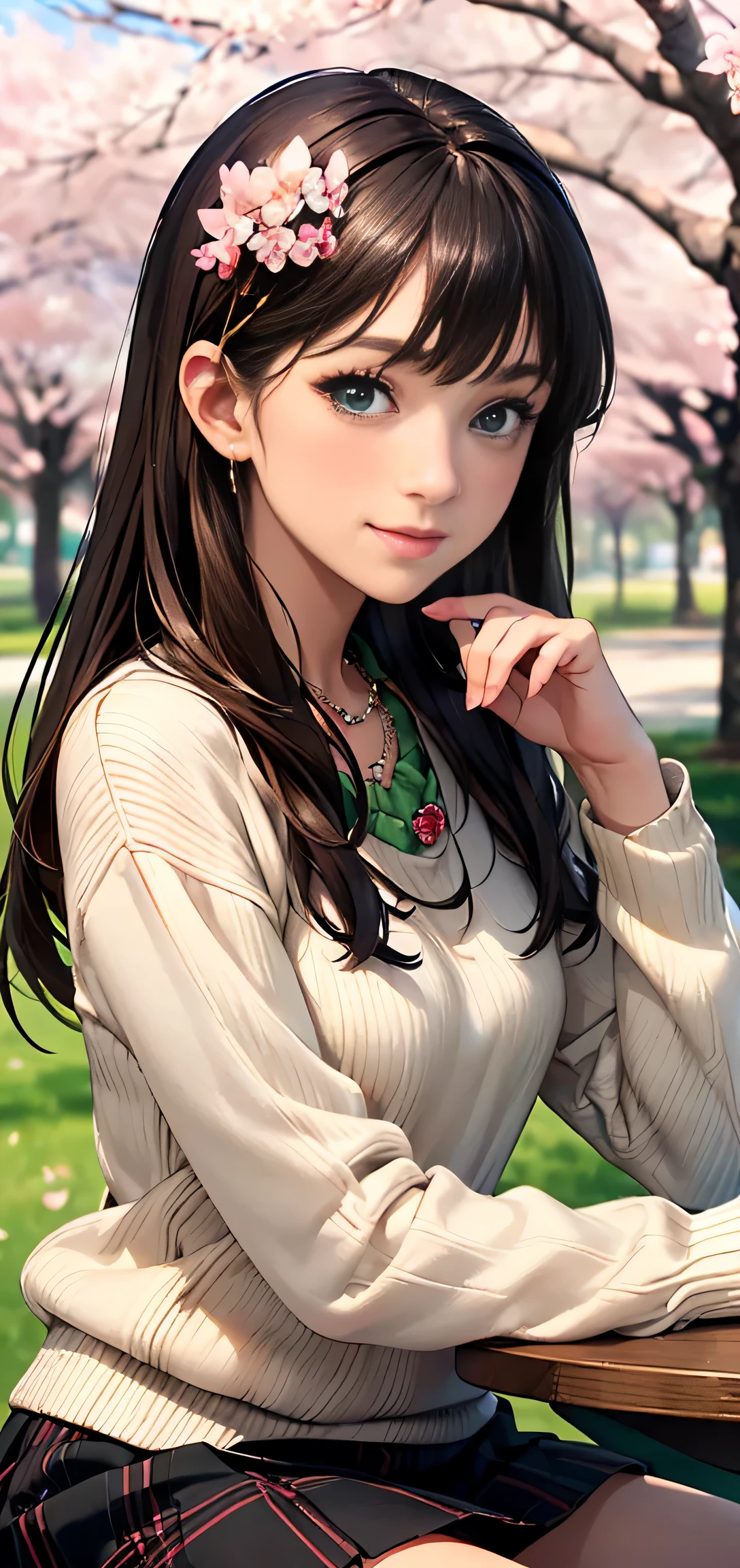 ((table top, highest quality, High resolution, nffsw, perfect pixel, Depth of written boundary, 4k, nffsw, nffsw))), 1 girl, single, alone, beautiful anime girl, beautiful art style, anime character, ((long hair, bangs, brown hair)), ((green eyes:1.4, round eyes, beautiful eyelashes, realistic eyes)), ((detailed face, blush:1.2)), ((smooth texture:0.75, realistic texture:0.65, realistic:1.1, Anime CG style)),  dynamic angle, ((black sweater, long sleeve, black skirt, plaid skirt, Snazzy, 1 diamond necklace)), smile,  amusement park, ((cherry blossoms, cherry blossomsの花が散る))
