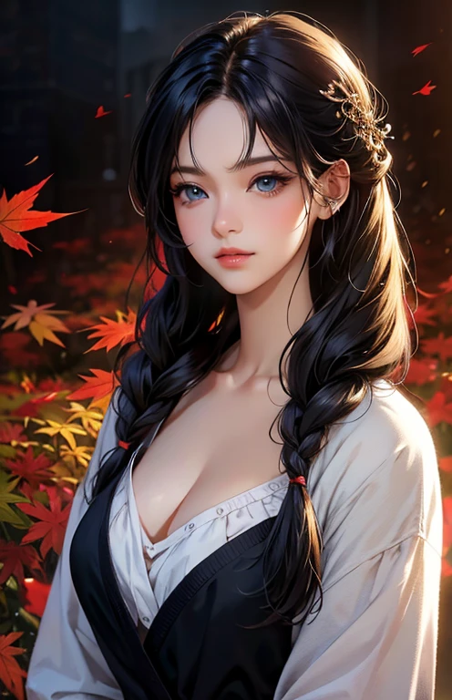 masterpiece、highest quality、High resolution、high quality images、8K, 1 female、skin luster、Texture of skin and clothing、Expression of fine eyes、Shiny bright golden hair,Girl with long braided hair, Manga inspired by Lee Jong-suk, trending on deviantart, realism, detailed manga style, manga art style, perfect line drawing, beautiful line drawing, digital manga art girl, K-POPアイドル, beautiful blue eyes, plump lips, Detailed gorgeous face, (cute smile), charm, innocent, Side view, (perfectly detailed face), (fine hands) photorealistic images, Depth of written boundary, ponytail hairstyle, Cat耳 , Cat , Loose, lightweight knitwear、Shoulder knitwear , show your shoulders , I can see the cleavage , autumn leaves , autumn leaves ，美しいautumn leaves，romanticism,