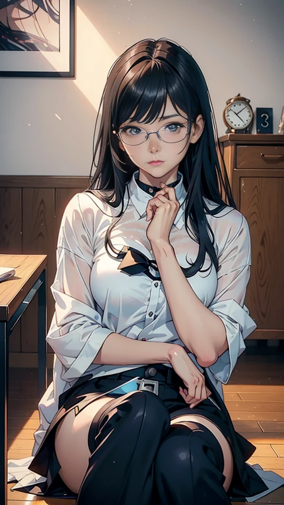 There is a woman sitting cross-legged on the floor., with glasses, with glasses on, japanese model, wore glasses, a surreal , with square glasses, no glasses, Real young gravure idol, Otaku-like appearance, wearing glasses, young sensual gravure idol, surreal , Yoshitomo Nara, Ilya Kubshinov with long hair, Realistic anime 3d style, realistic anime art style, realistic anime art style, Digital art Ilya Kubshinov, beautiful anime portrait, realistic young anime girl, Ilya Kubshinov style, anime realism style, portrait anime girl,shiny silver,Mole under left eye,Cute freckles on the cheeks,((beautiful skin)),((skin texture)),((Real Touch)),