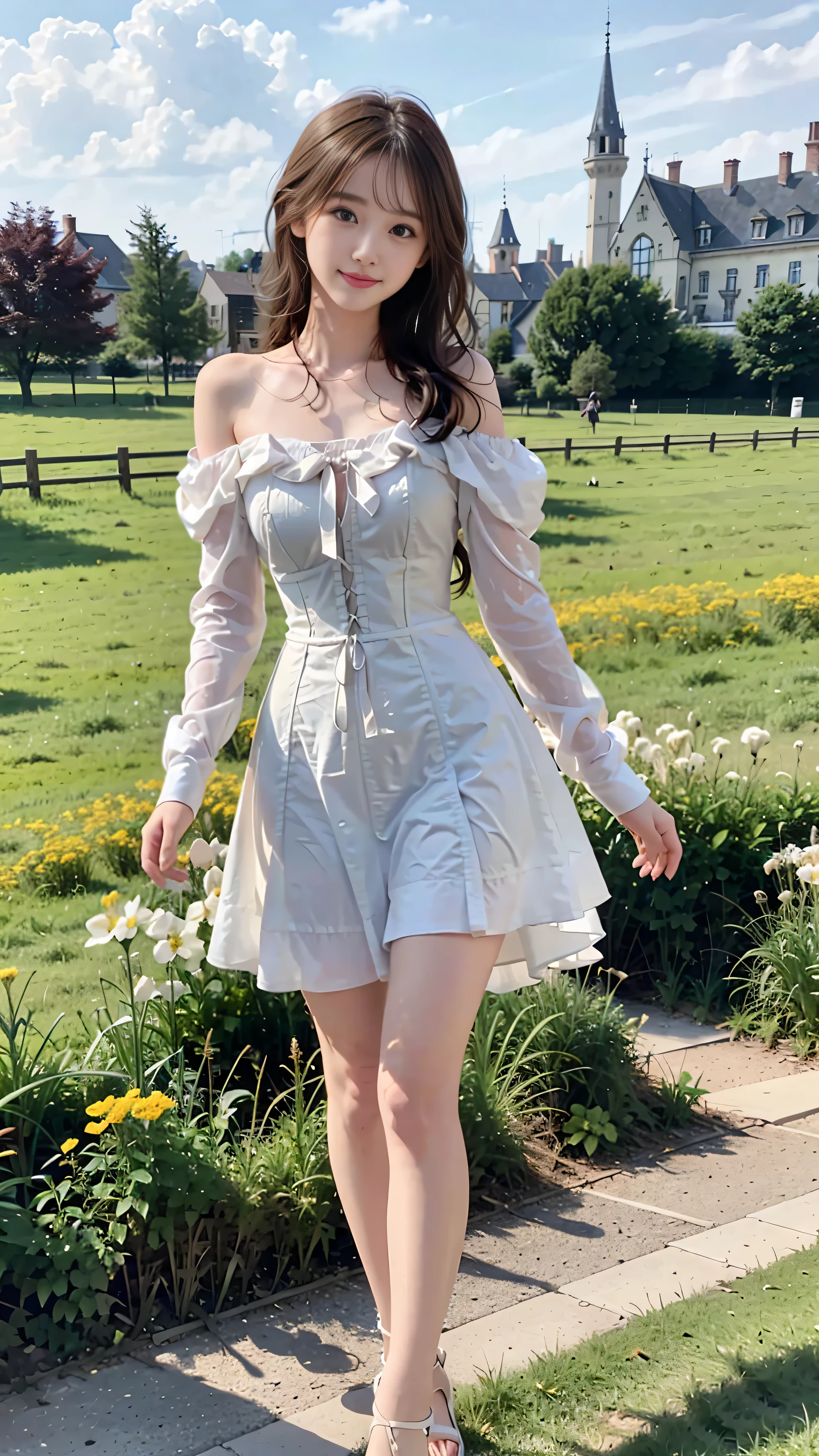Medieval European castle town、spirit of geometry、with a girl:her hair is black and short、14 years、small face、Moist eyes、natural makeup、((look straight at the audience))、light smile、Her face is round and cute、(My face and dress are blown by the wind)、white sandal shoes、There is a ribbon on the ankle、(running in the meadow with a girl:1.3)、scene:There is a beautiful scene castle in the background.、blue sky, White cloud, Medieval European castle town、harry potter story world、The scene is softly painted like a watercolor painting.、that'What a wonderful atmosphere!。The scene expresses the imagination and sensibility of the girl、Pubic hair shows completely naked pubic hair) ,more_get used to it:1.5, (More and more_get used to it:1.9)、(((off-the-shoulder corset dress)))、Floral