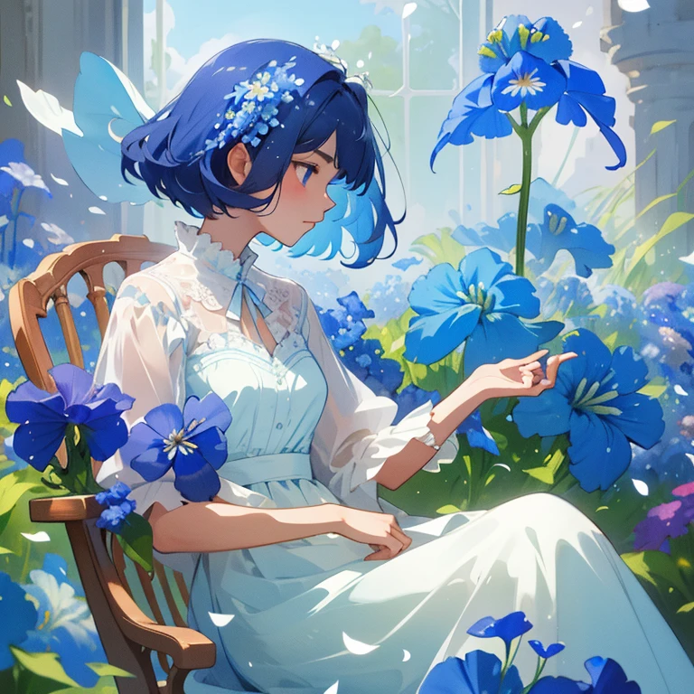 (highest quality, masterpiece, surreal), Beautiful and delicate profile of a girl sitting on a chair, Playful and cute, Petals are floating in the background,Delphinium flower