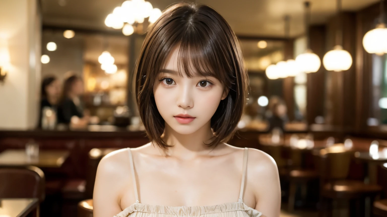 (masterpiece, Super detailed, very detailed, exquisite, 16k, confused), woman, 19 years old, glamorous, (Refreshing breeze:1.4), looking at the viewer, short hair, messy hair, diagonal bangs, brown hair, brown eyes, Upper body, cinematic lighting, Blurry background in focus, inside a stylish cafe, Urban Cafe