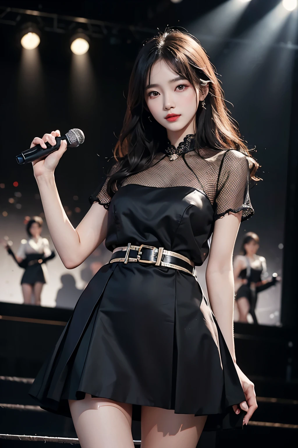 Korean beauty wearing black dress and holding microphone on stage. perform on stage, Korean beauty wearing short skirt and shirt, red lips,mature woman,assembly, Liuyifei, (best quality, masterpiece:1.2), very detailed, (realistic:1.37), beautiful, young, glamorous model (detailed eyes, detailed lips, extremely detailed eyes), cute and casual outfit, showing a bright smile, slim body, long legs, random pose, (clothes:random color), perfect hands,